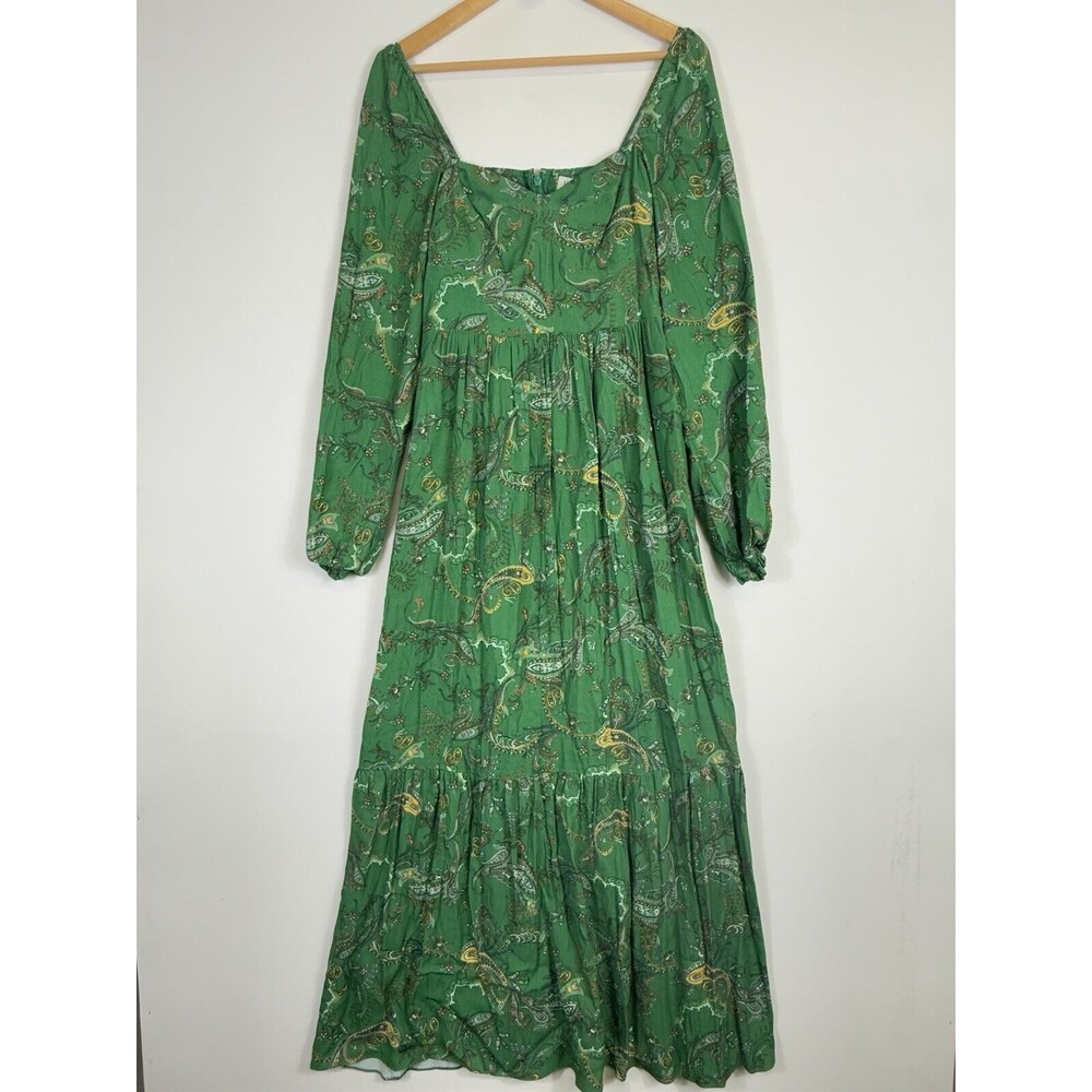 New Hale Bob Vinita Maxi Dress Womens Medium Green Paisley Smocked Cottagecore